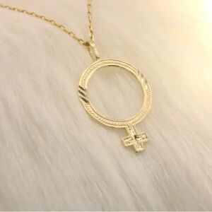 14k Solid yellow Gold Girl Gender Sign, Female Venus Symbol Charm Pendant